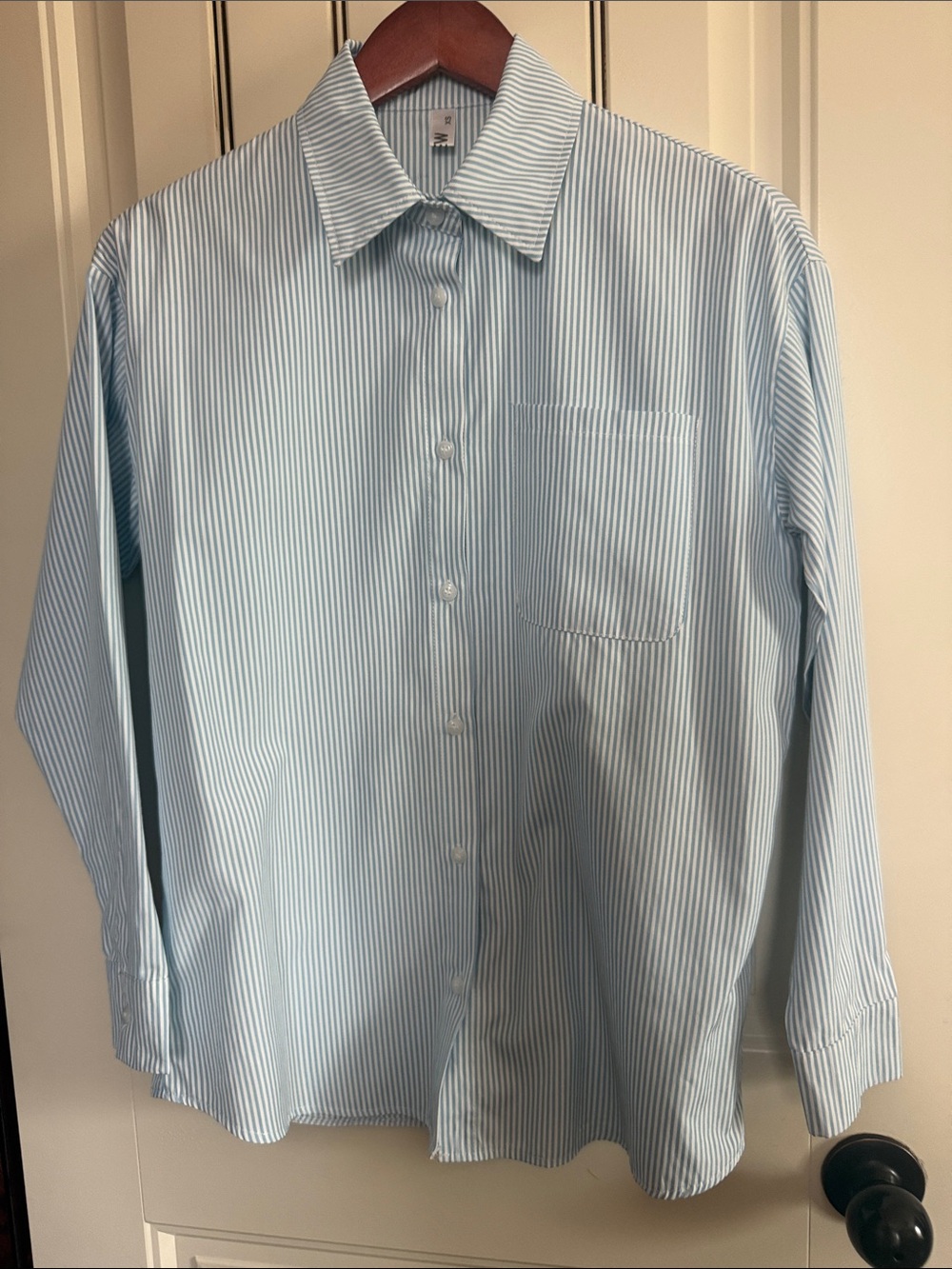 Light Blue  & White Striped Button-Up Shirt.  No Iron.